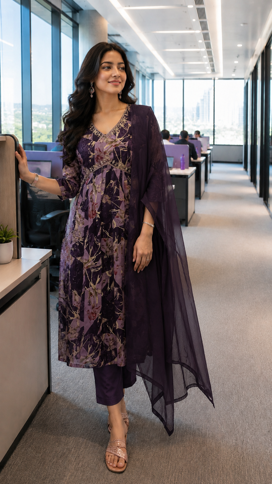 Purple Floral Printed Alia Cut Salwar Suit with Sequence and Bead Work - YCS046
