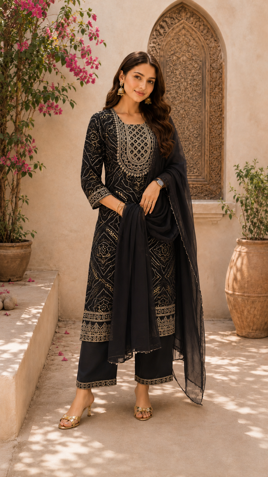 Black Bandhini Print Neck Work Salwar Set- YCS251
