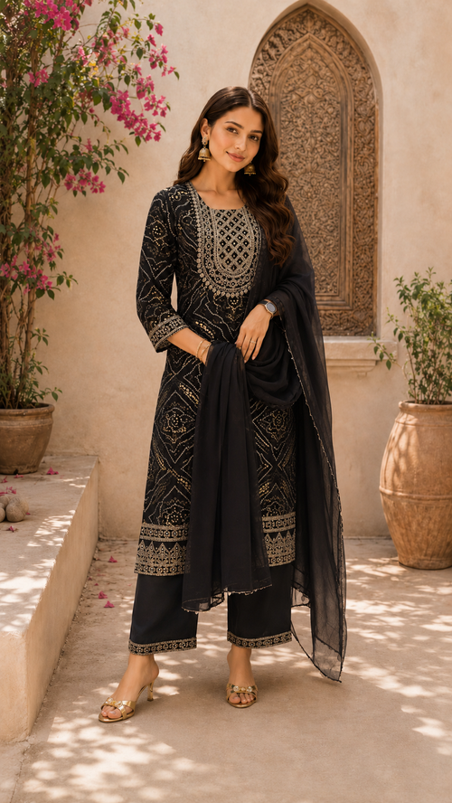 Black Bandhini Print Neck Work Salwar Set- YCS251