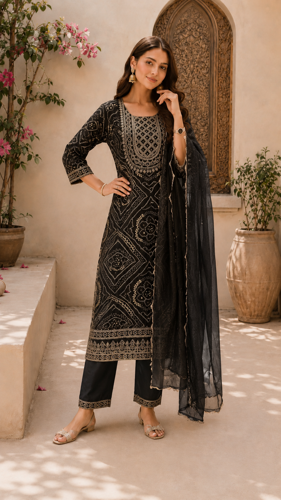 Black Bandhini Print Neck Work Salwar Set- YCS251