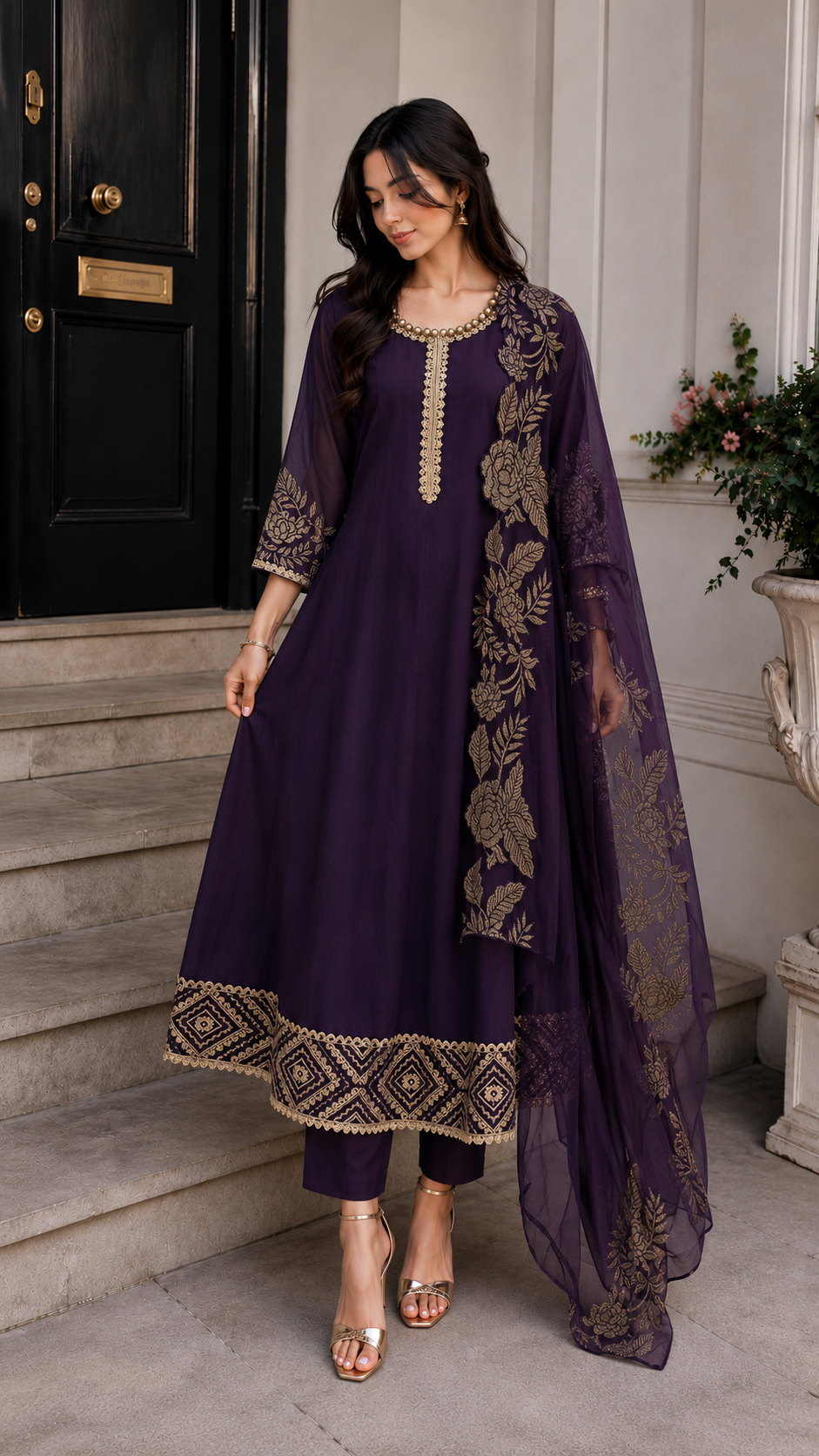 Premium Purple designer long dress with elegant dhuppatta