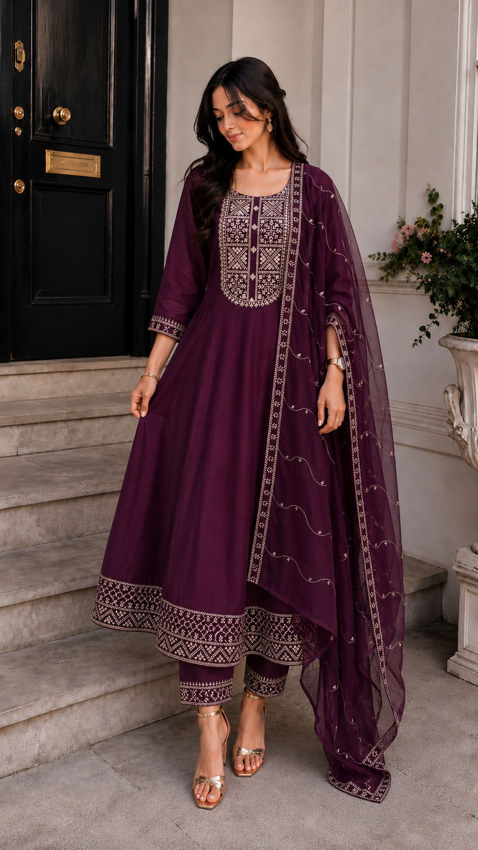 Wine Premium Partywear Anarkali suit